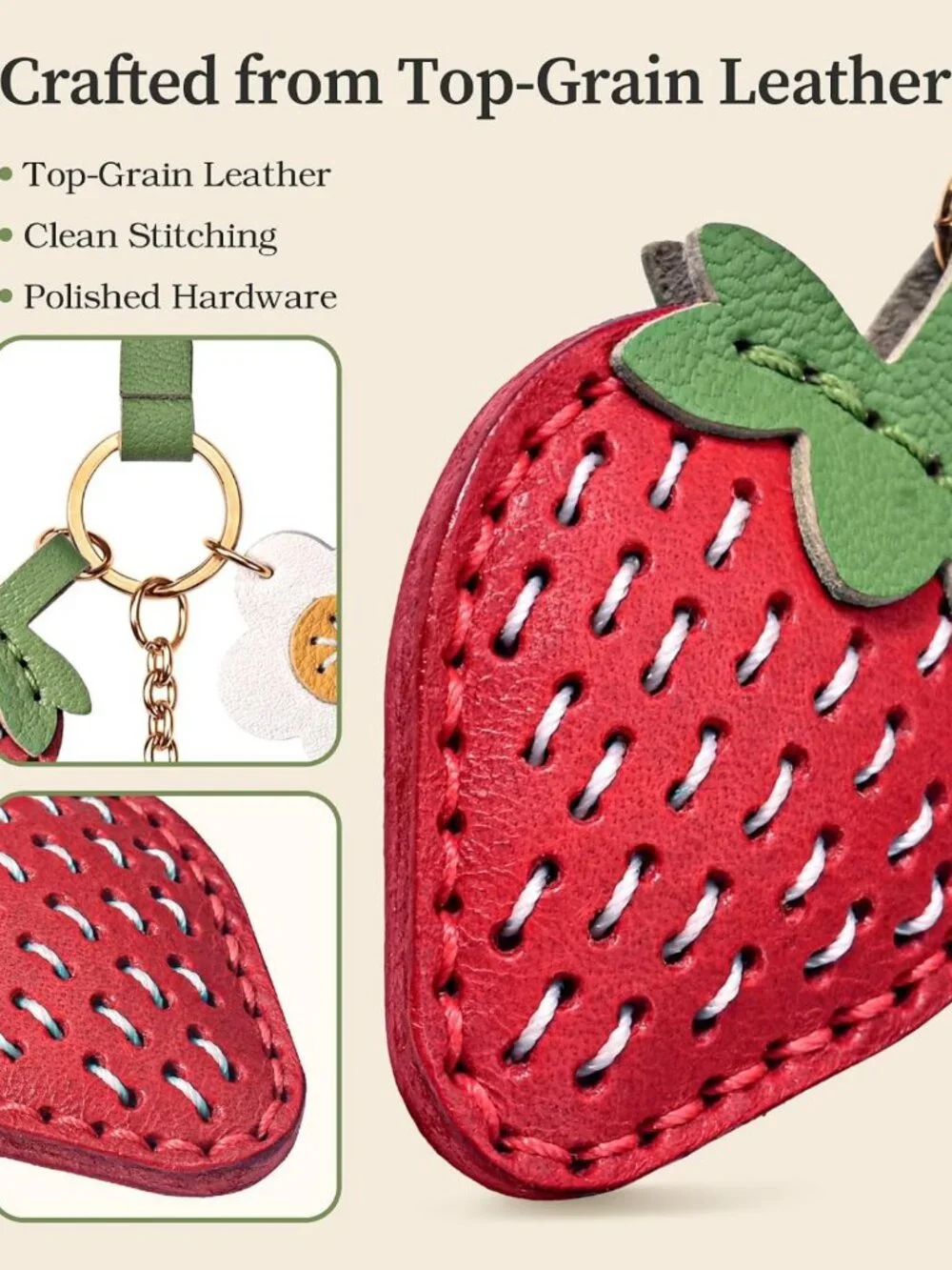 Handmade Strawberry Bag Charm - Double-Sided Leather Purse Accessory for Totes